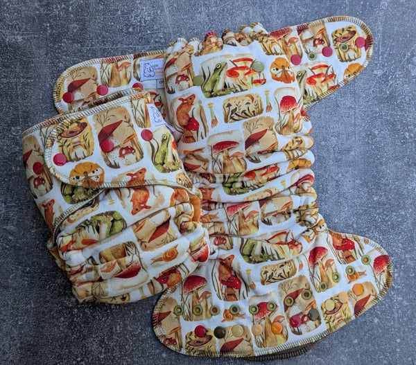 Vintage Mushroom - Squish Hybrid Fitteds - cloth diapers - bamboo hemp fleece soakers - Windpro Hybrids