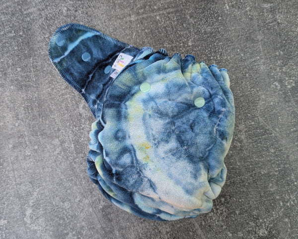 Ocean handdyed OBV Hybrid Fitteds - cloth diapers - Velour inners - bamboo hemp fleece soakers - Windpro Hybrid
