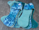 Stamped Ocean handdyed OBV Hybrid Fitteds - cloth diapers - Velour inners - bamboo hemp fleece soakers - Windpro Hybrid