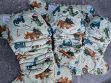 Christmas Dino (Squish Hybrid Fitteds - cloth diapers - Velour inners - bamboo hemp fleece soakers - Windpro Hybrid )