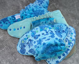 Stamped Ocean handdyed OBV Hybrid Fitteds - cloth diapers - Velour inners - bamboo hemp fleece soakers - Windpro Hybrid