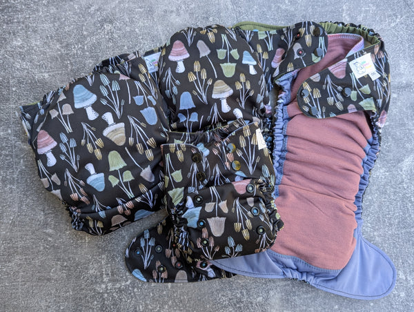 Sketched Mushrooms - LBB Ai3 & V2 cloth diaper - PUL - Athletic wicking Jersey awj - handmade diaper - Pocket AiO cloth diaper