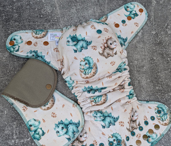 Baby Dinos (organic cotton knit Hybrid Fitteds - cloth diapers - organic bamboo Velour inners - bamboo hemp fleece soakers - Windpro Hybrid )