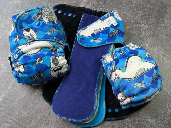 Dragons (blue) Squish Hybrid Fitteds - cloth diapers - Velour inners - bamboo hemp fleece soakers - Windpro Hybrid