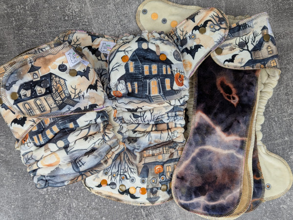 Haunted House (Squish Hybrid Fitteds - cloth diapers - Velour inners - bamboo hemp fleece soakers - Windpro Hybrid )