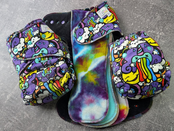 Rainbow Barf Squish Hybrid Fitteds - cloth diapers - Velour inners - bamboo hemp fleece soakers - Windpro Hybrid