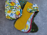 Dandelions - squish Hybrid Fitteds - cloth diapers - Velour inners - bamboo hemp fleece soakers - Windpro Hybrid