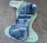 Ocean handdyed OBV Hybrid Fitteds - cloth diapers - Velour inners - bamboo hemp fleece soakers - Windpro Hybrid