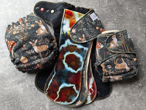 Woodland Holiday (bamboo spandex Hybrid Fitteds - cloth diapers - Velour inners - bamboo hemp fleece soakers - Windpro Hybrid )