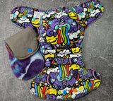 Rainbow Barf Squish Hybrid Fitteds - cloth diapers - Velour inners - bamboo hemp fleece soakers - Windpro Hybrid