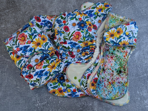 Rainbow Daisies - Cotton FT Hybrid Fitteds - cloth diapers - Velour inners - bamboo hemp fleece soakers - Windpro Hybrid