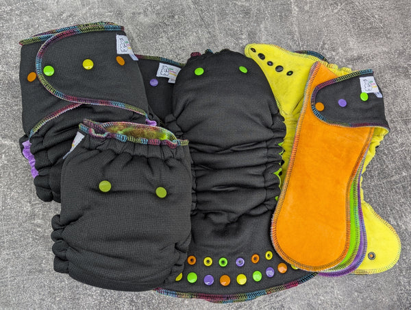 Halloween Black Windpro (Double Windpro Hybrid Fitteds - cloth diapers - Velour inners - bamboo hemp fleece soakers - Windpro Hybrid )