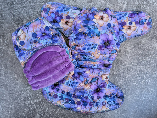 Twilight Flowers (cotton french terry Hybrid Fitteds - cloth diapers - velour inners - bamboo hemp fleece soakers - Windpro Hybrid )