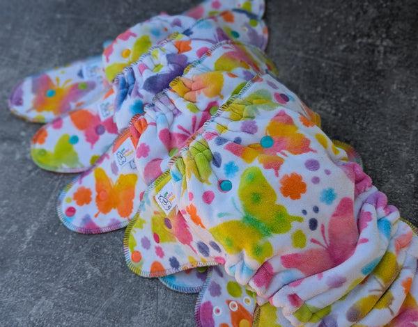 Butterfly handdyed OBV Hybrid Fitteds - cloth diapers - Velour inners - bamboo hemp fleece soakers - Windpro Hybrid