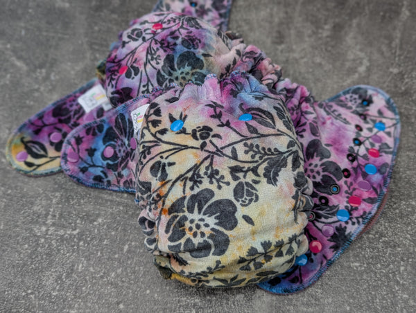 Floral Vine handdyed OBV Hybrid Fitteds - cloth diapers - Velour inners - bamboo hemp fleece soakers - Windpro Hybrid