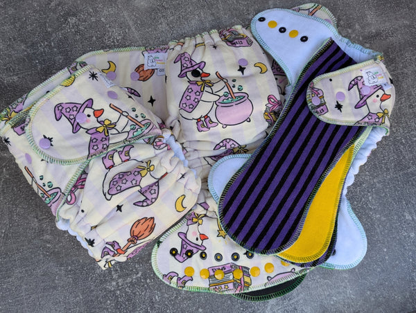 Witch Goose (Squish Hybrid Fitteds - cloth diapers - Velour inners - bamboo hemp fleece soakers - Windpro Hybrid )