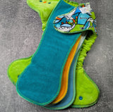 Dinos Squish Hybrid Fitteds - cloth diapers - Velour inners - bamboo hemp fleece soakers - Windpro Hybrid