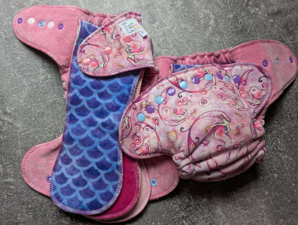 Mermaids (Squish Hybrid Fitted - cloth diapers - velour inners - bamboo hemp fleece soakers - Windpro Hybrid)
