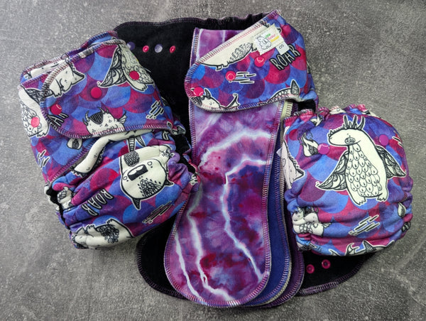 Dragons (pink) Squish Hybrid Fitteds - cloth diapers - Velour inners - bamboo hemp fleece soakers - Windpro Hybrid