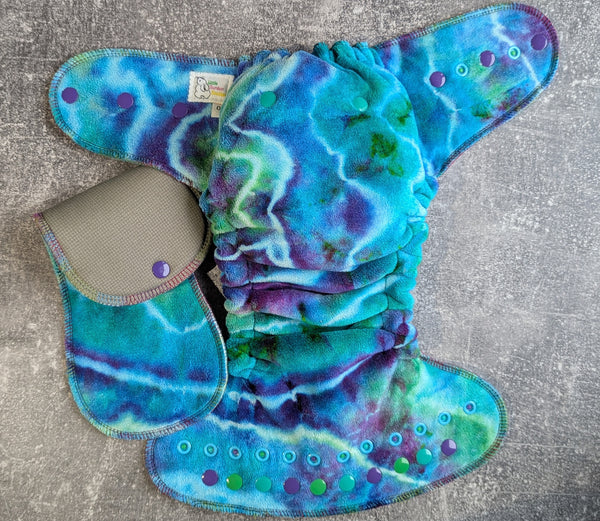 Ocean (handdyed OBV Hybrid Fitteds - cloth diapers - Velour inners - bamboo hemp fleece soakers - Windpro Hybrid )