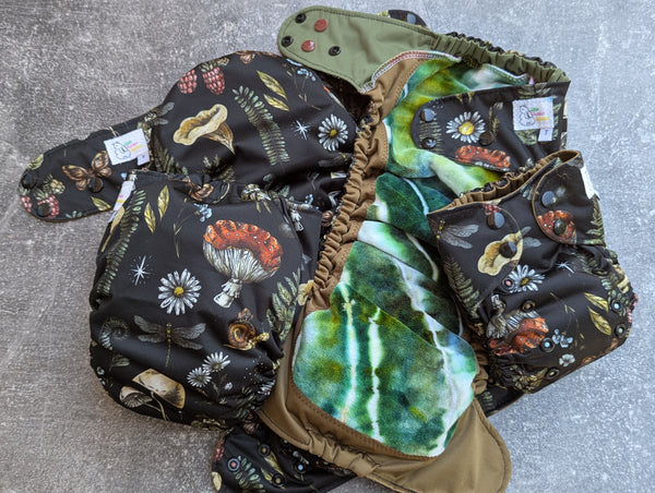 Mushrooms & Daisies- LBB Ai3 & V2 cloth diaper - PUL - Athletic wicking Jersey awj - handmade diaper - Pocket AiO cloth diaper