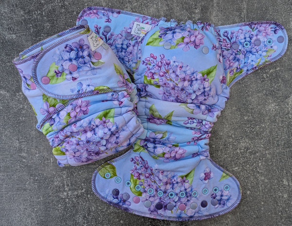 Lilacs cotton french terry Hybrid Fitteds - cloth diapers - Velour inners - bamboo hemp fleece soakers - Windpro Hybrid