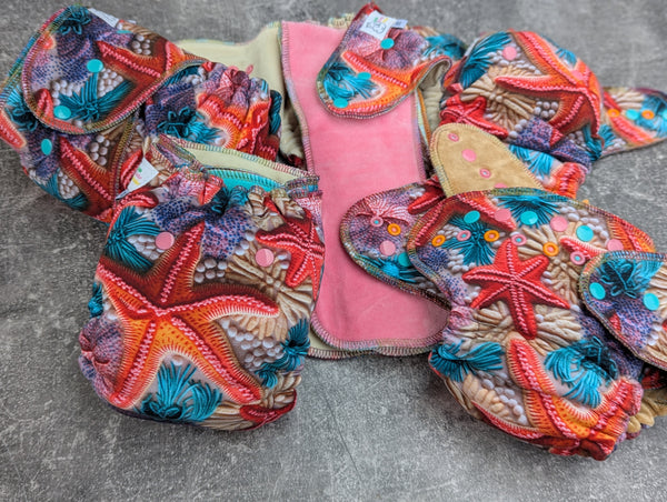 Sea Stars (Bamboo stretch french terry Hybrid Fitteds - cloth diapers - cotton Velour inners - bamboo hemp fleece soakers - Windpro Hybrid )