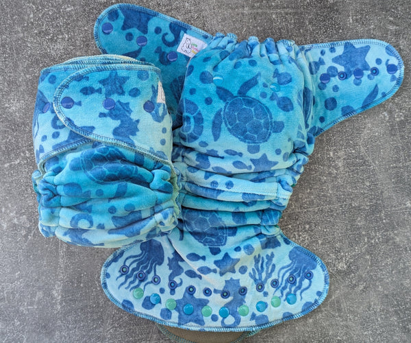 Stamped Ocean handdyed OBV Hybrid Fitteds - cloth diapers - Velour inners - bamboo hemp fleece soakers - Windpro Hybrid