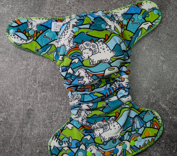 Dinos Squish Hybrid Fitteds - cloth diapers - Velour inners - bamboo hemp fleece soakers - Windpro Hybrid