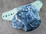 Ocean handdyed OBV Hybrid Fitteds - cloth diapers - Velour inners - bamboo hemp fleece soakers - Windpro Hybrid