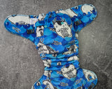 Dragons (blue) Squish Hybrid Fitteds - cloth diapers - Velour inners - bamboo hemp fleece soakers - Windpro Hybrid