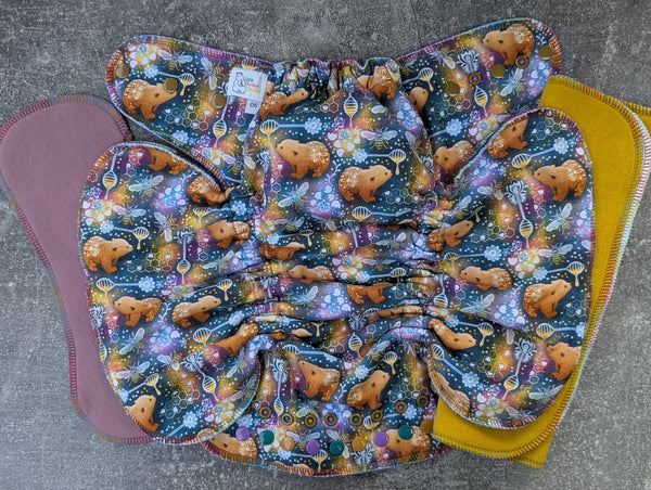 Honey Bears (Dark) - cotton french terry Fold in Fitted - all absorbency - Cloth Diapers