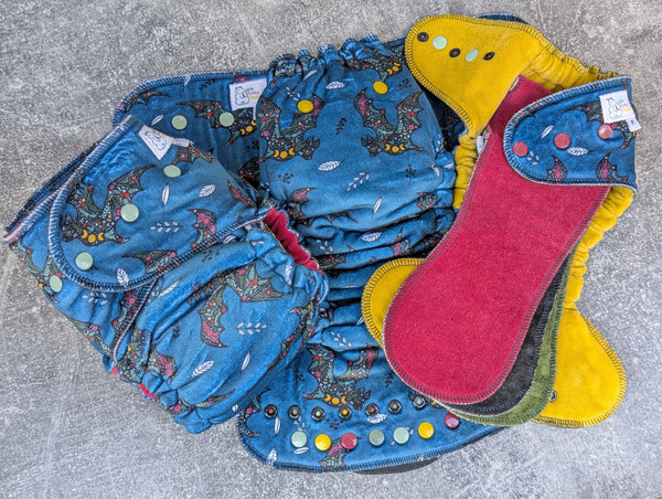 Batty (Squish Hybrid Fitteds - cloth diapers - Velour inners - bamboo hemp fleece soakers - Windpro Hybrid )