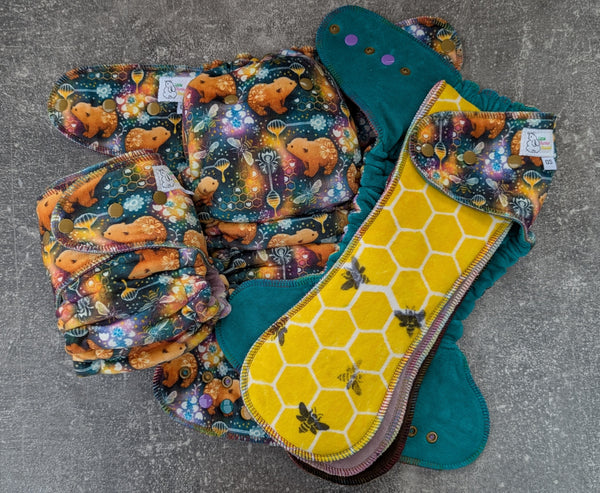 Honey Bears (Dark) - Squish Hybrid Fitteds - cloth diapers - bamboo hemp fleece soakers - Windpro Hybrids