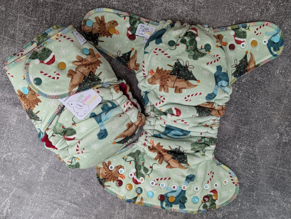 Christmas Dino (Squish Hybrid Fitteds - cloth diapers - Velour inners - bamboo hemp fleece soakers - Windpro Hybrid )