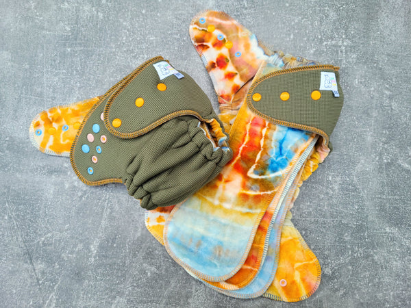 Olive WP/ hand dyed earthy/orange Geode OBV (OneSize Double Windpro Hybrid Fitted cloth diaper)