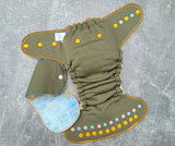 Olive WP/ hand dyed earthy/orange Geode OBV (OneSize Double Windpro Hybrid Fitted cloth diaper)