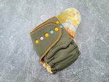 Olive WP/ hand dyed earthy/orange Geode OBV (OneSize Double Windpro Hybrid Fitted cloth diaper)