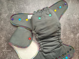 Gray Windpro / Rainbow hand dyed OBV (Hybrid Fitted Cloth diapers)